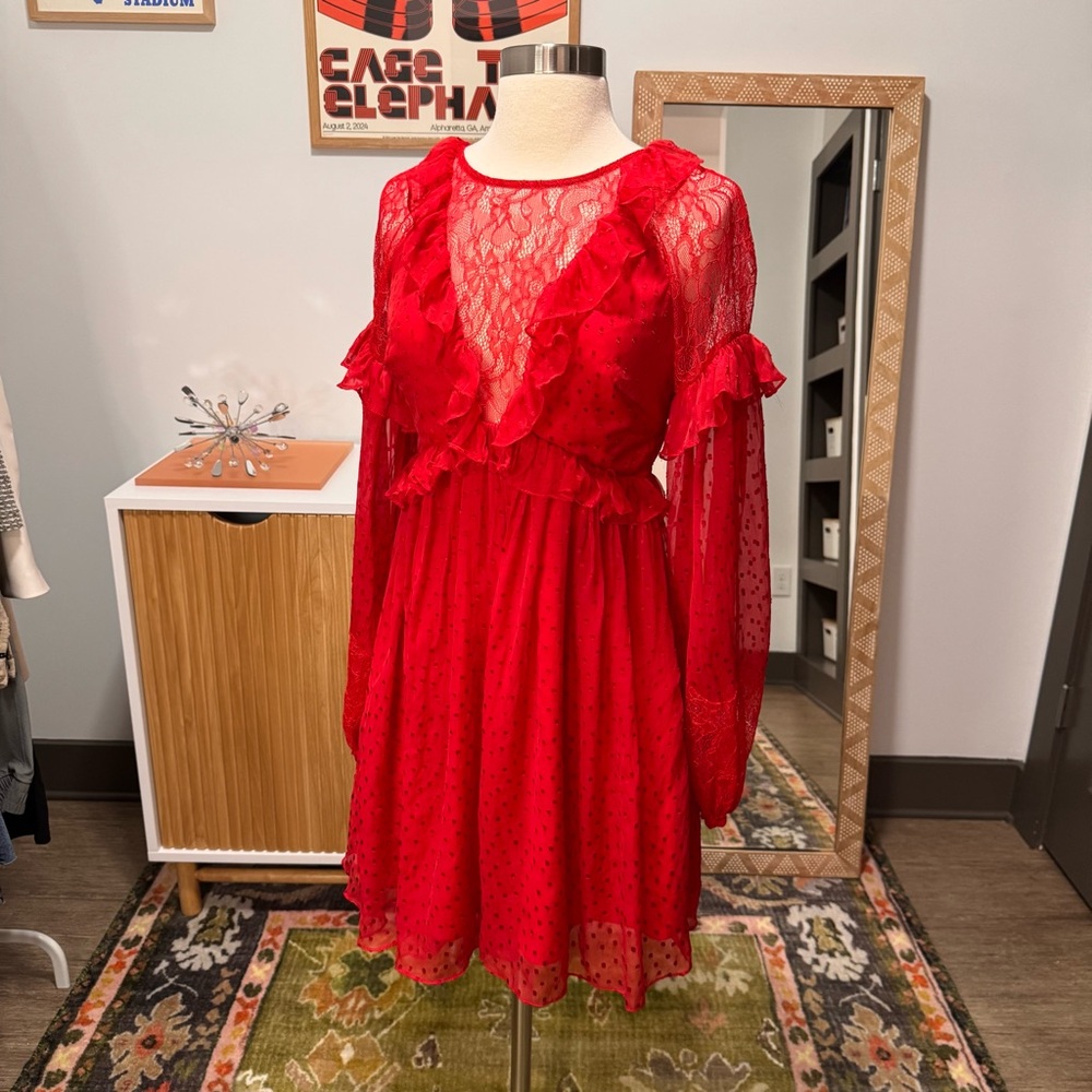 Free People Red Ruffle Swiss Dot Long-Sleeve Mini Dress XS - Picture 3 of 9